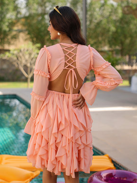 Peach Ruffle Cut-Out Flare Dress