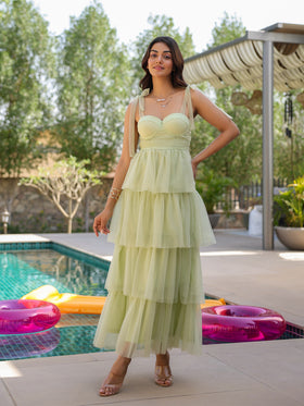 Pista Green Tiered Tulle Corset Dress
