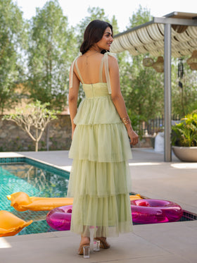 Pista Green Tiered Tulle Corset Dress
