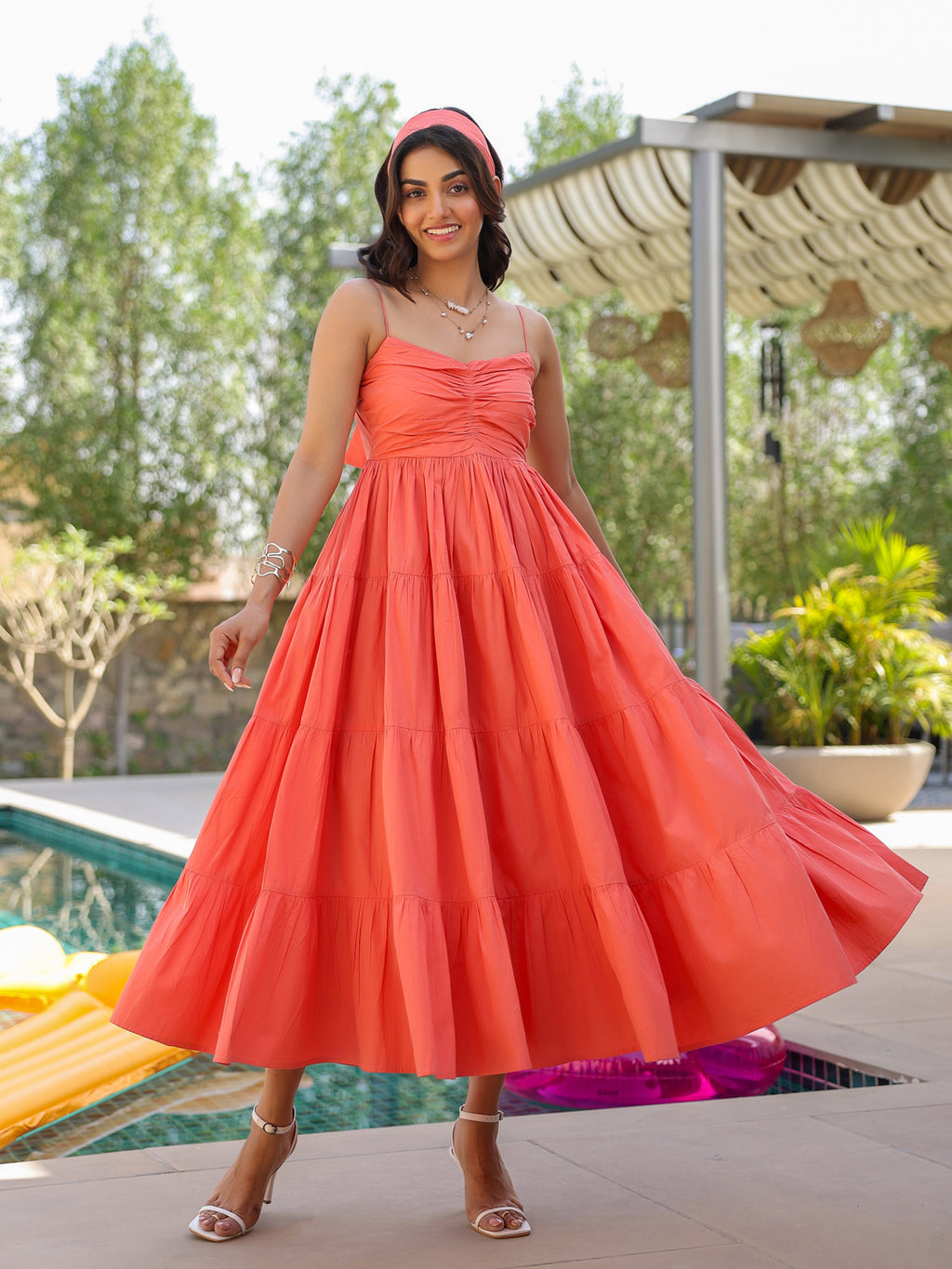 Tangerine Smocked Tier Maxi Dress