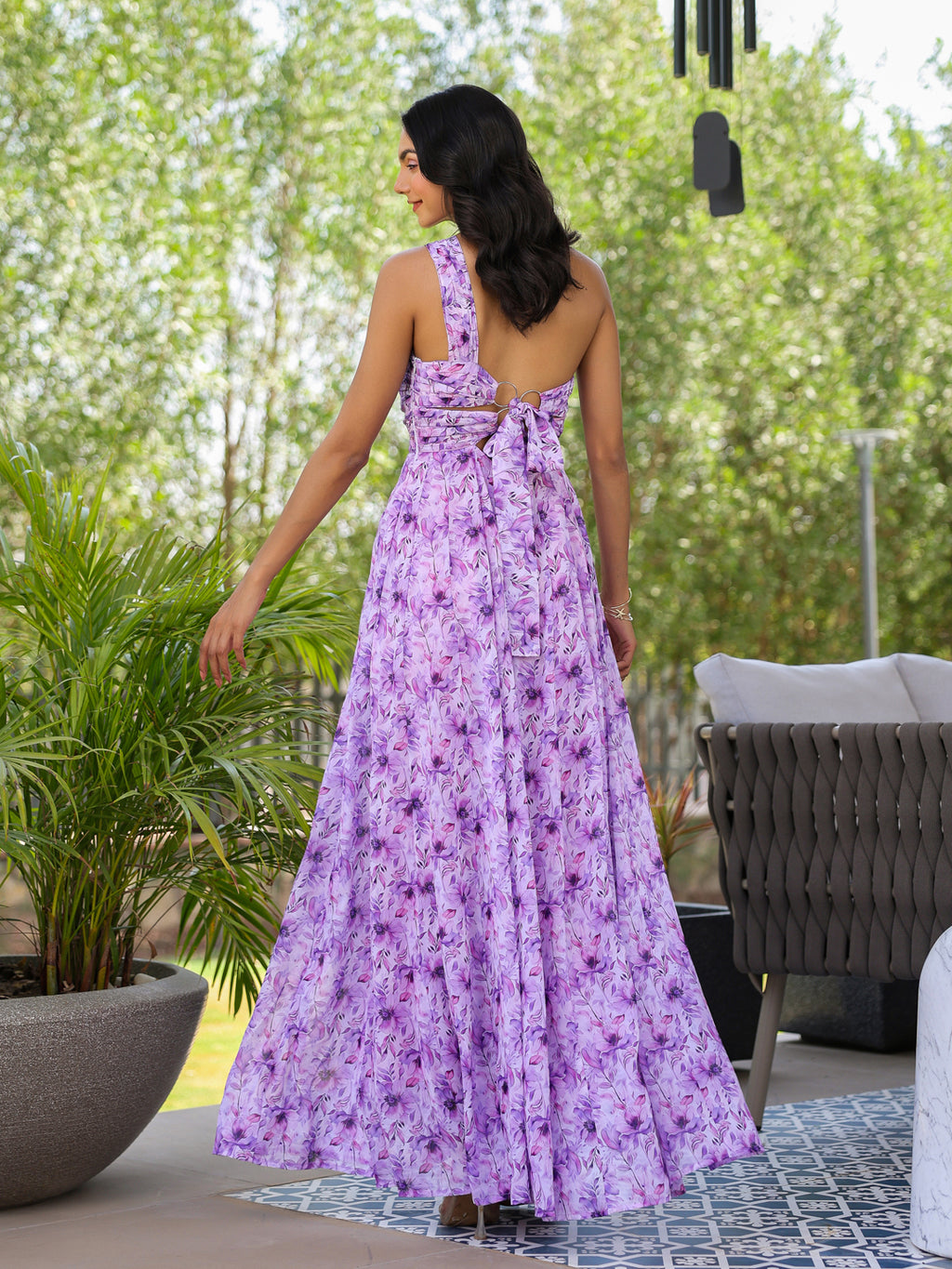 Lilac Floral Twisted & Draped Maxi Dress