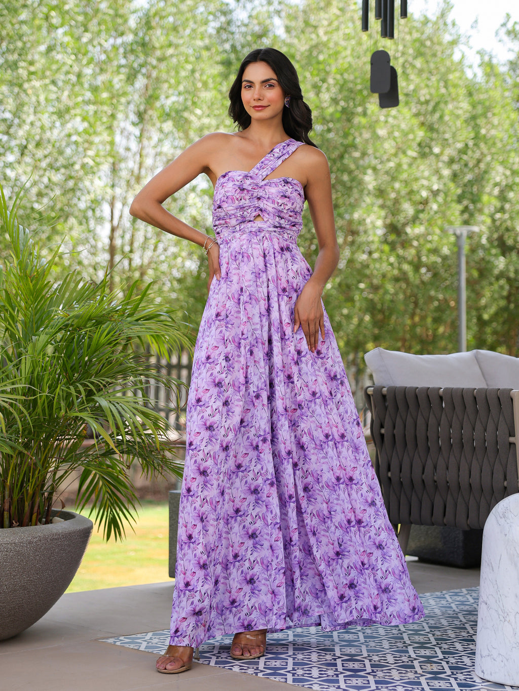 Lilac Floral Twisted & Draped Maxi Dress