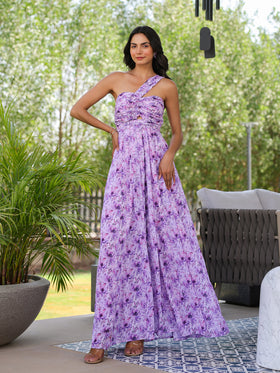 Lilac Floral Twisted & Draped Maxi Dress