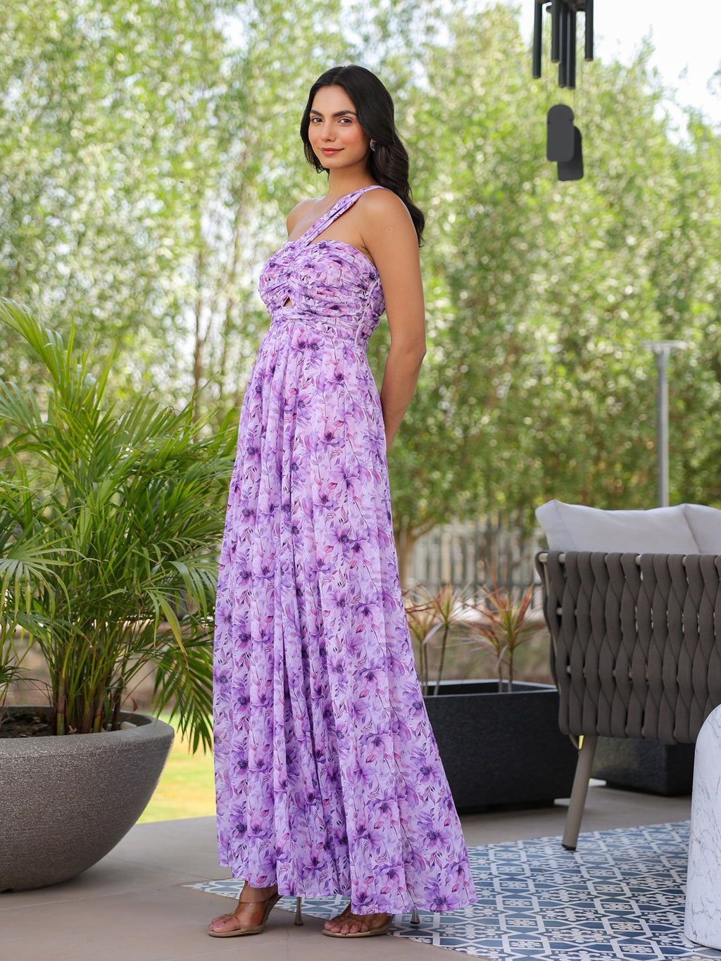 Lilac Floral Twisted & Draped Maxi Dress