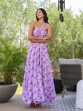 Lilac Floral Twisted & Draped Maxi Dress