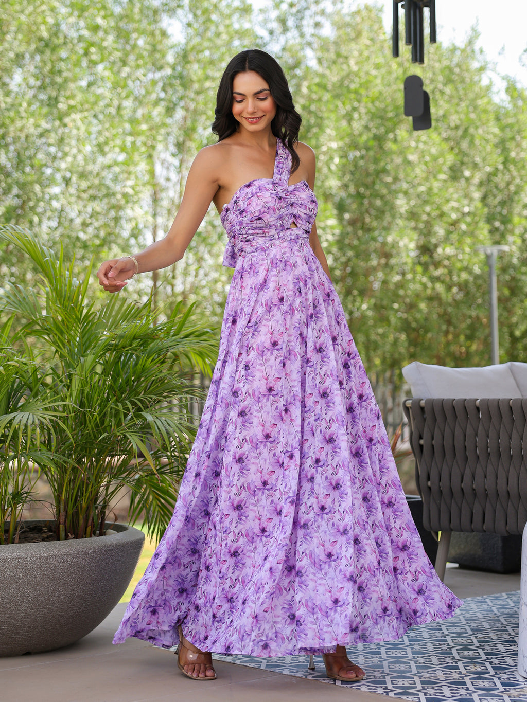 Lilac Floral Twisted & Draped Maxi Dress