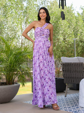 Lilac Floral Twisted & Draped Maxi Dress