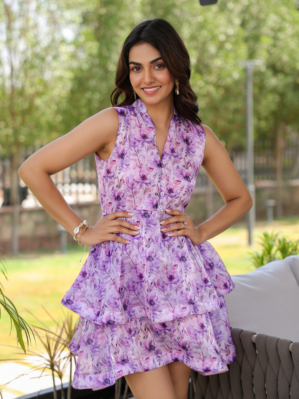 Lilac Floral Halter Tiered Peplum Dress