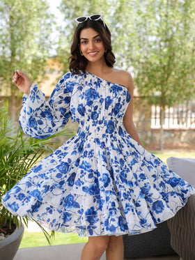 Blue Rose One Shoulder Dress
