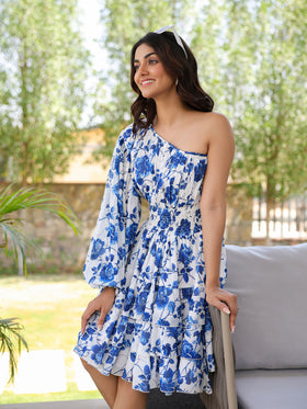 Blue Rose One Shoulder Dress