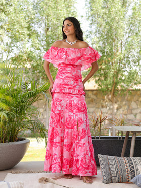 Rose Peony Ruffled Off Shoulder Dress
