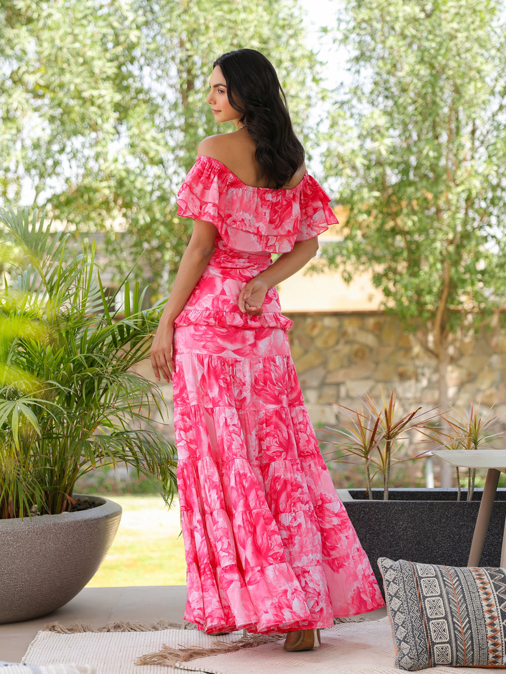 Rose Peony Ruffled Off Shoulder Dress