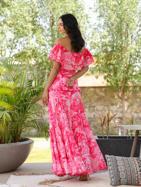Rose Peony Ruffled Off Shoulder Dress