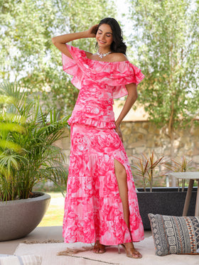 Rose Peony Ruffled Off Shoulder Dress