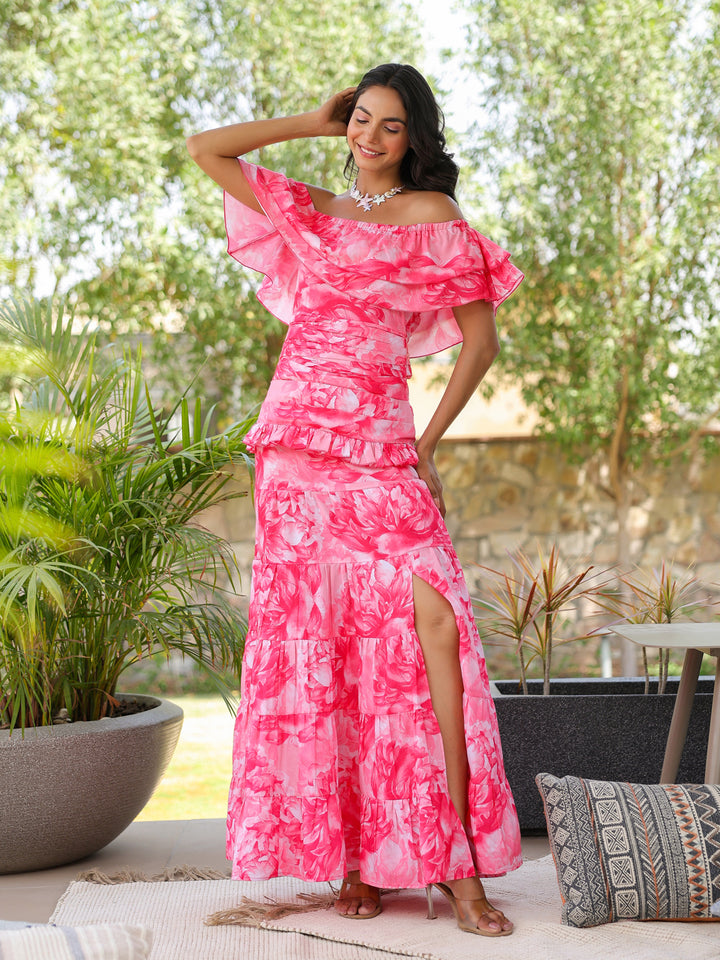 Rose Peony Ruffled Off Shoulder Dress