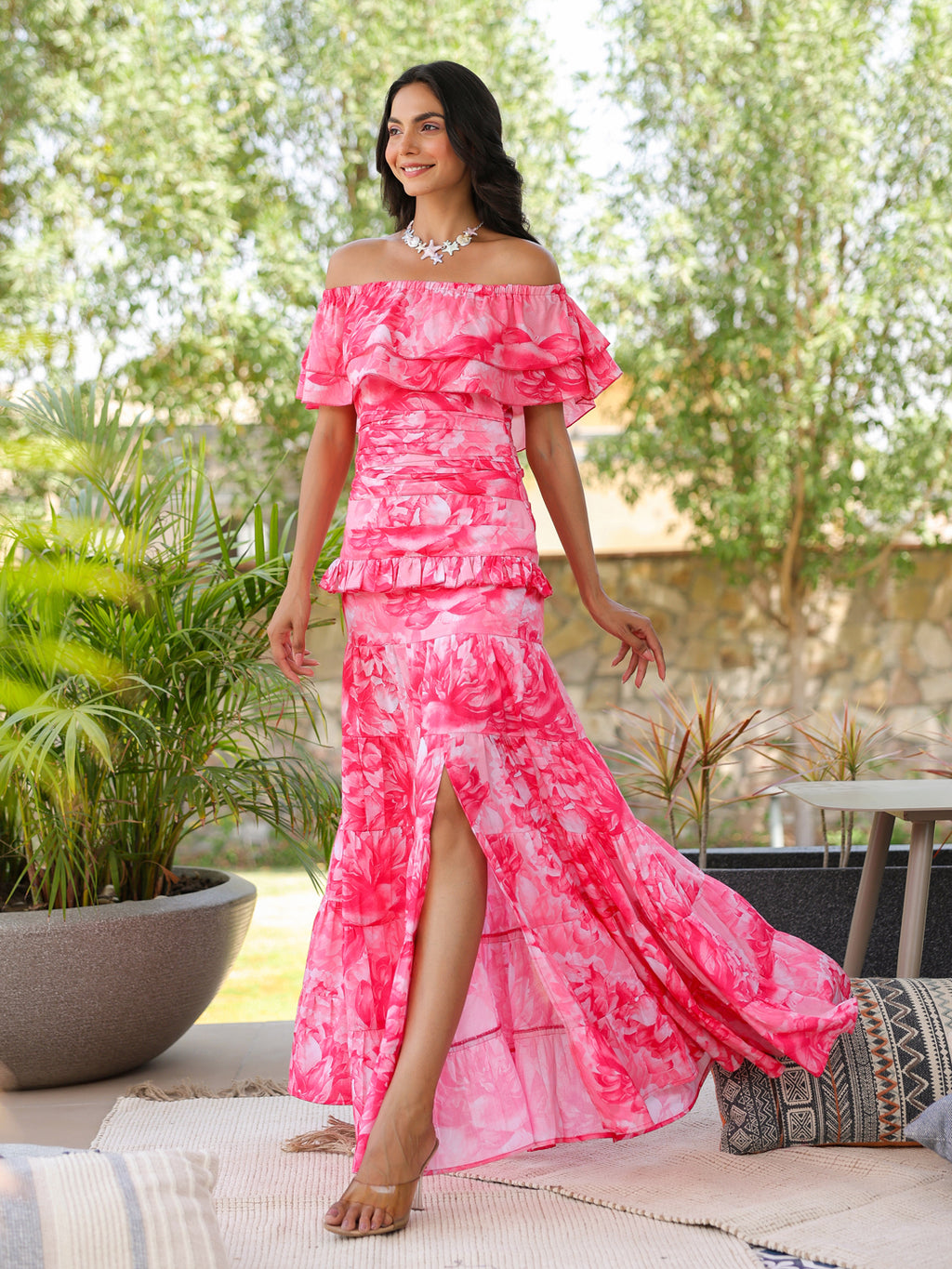 Rose Peony Ruffled Off Shoulder Dress
