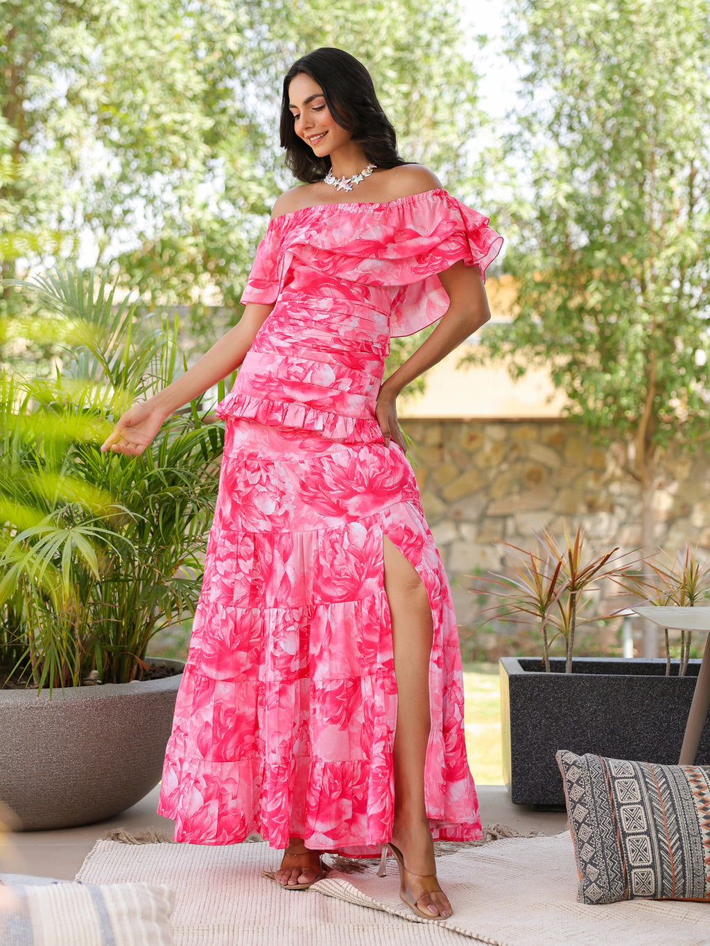 Rose Peony Ruffled Off Shoulder Dress