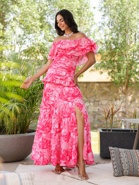 Rose Peony Ruffled Off Shoulder Dress