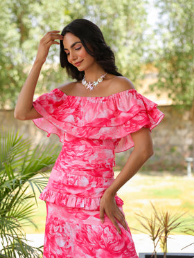 Rose Peony Ruffled Off Shoulder Dress