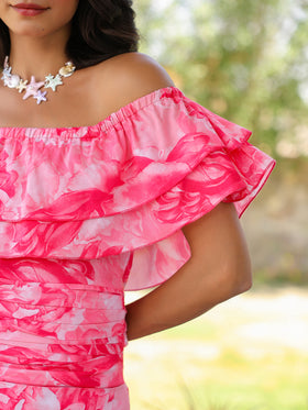 Rose Peony Ruffled Off Shoulder Dress