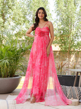 Rose Peony Tulle Trail Gown