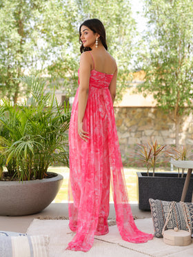 Rose Peony Tulle Trail Gown