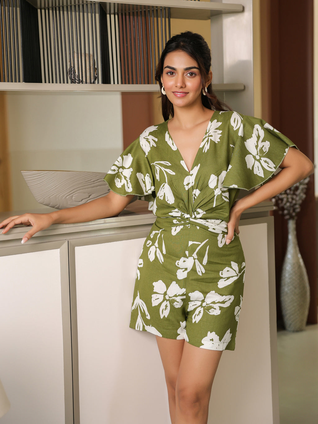 Olive Abstract Floral Playsuit