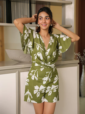 Olive Abstract Floral Playsuit