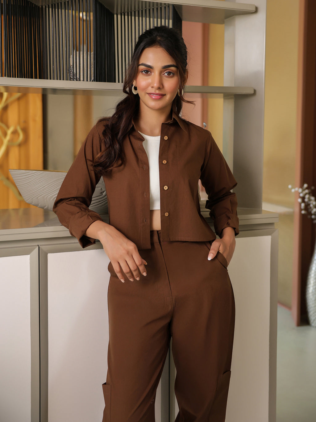 Espresso Brown Shirt & Joggers Set