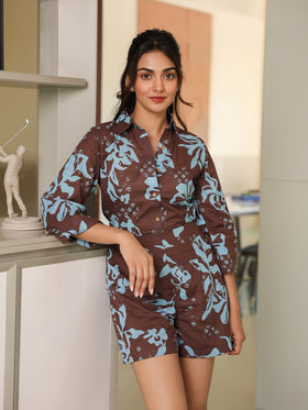 Mocha Abstract Floral Shirt & Shorts Set