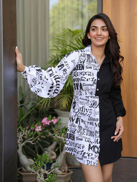 Twisted Graphical Monochrome Shirt Dress