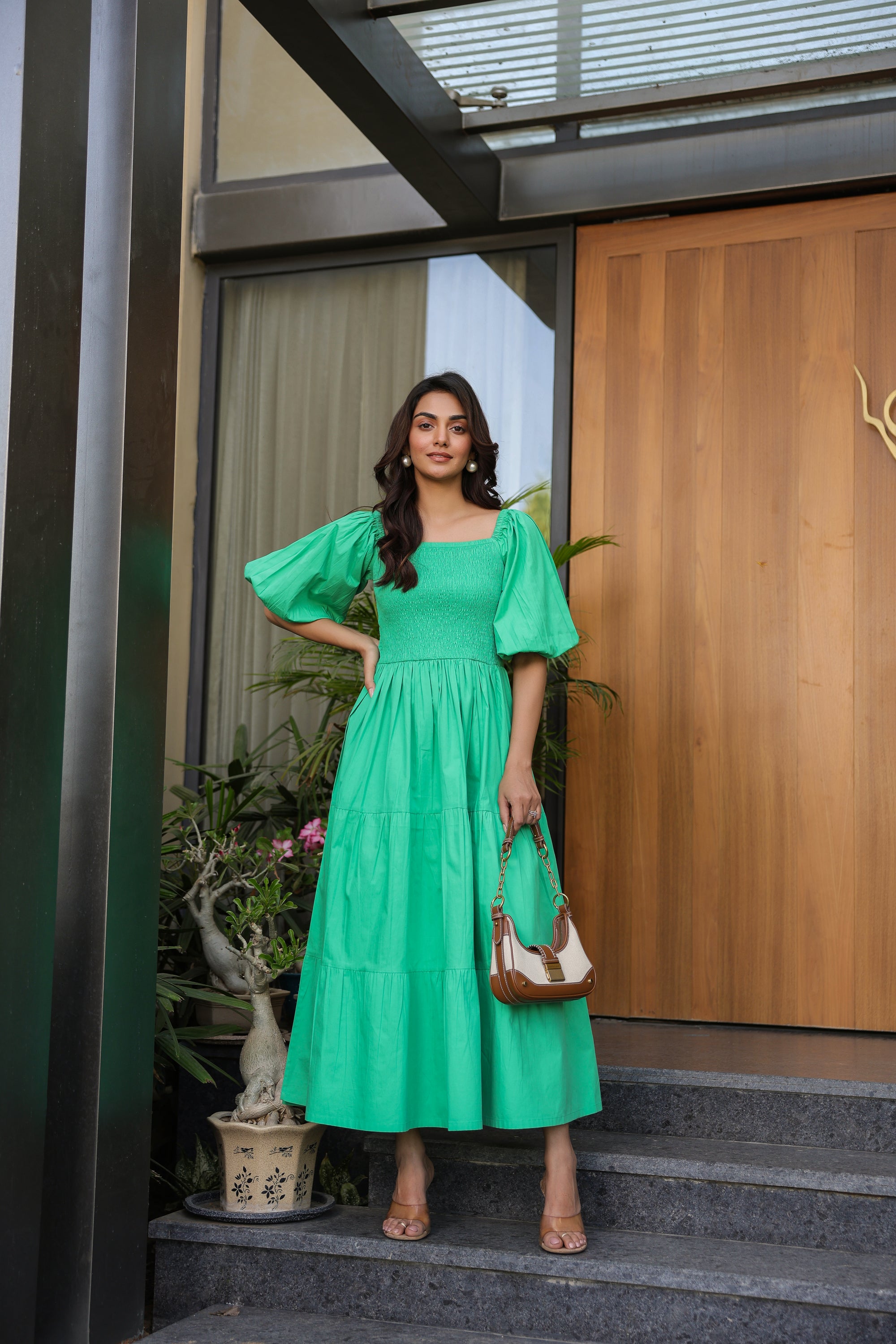 Vibrant Green Smocked Midi Dress