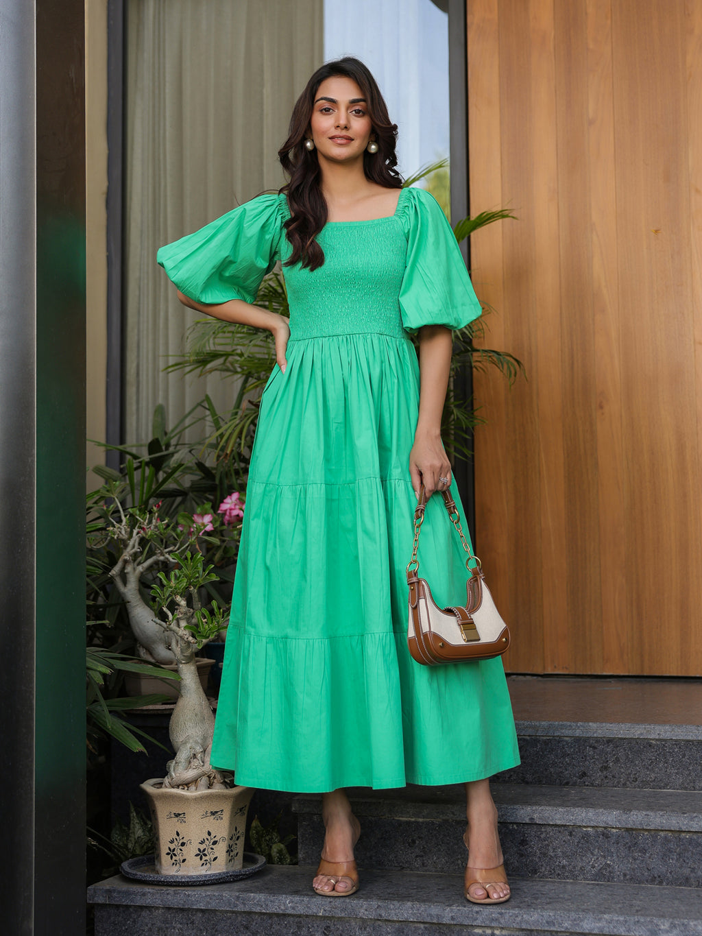 Vibrant Green Smocked Midi Dress