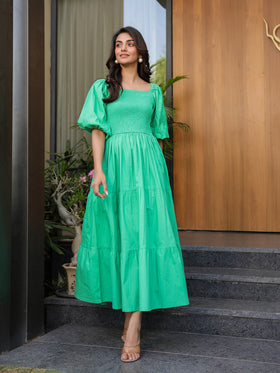 Vibrant Green Smocked Midi Dress