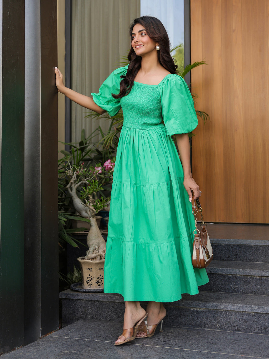 Vibrant Green Smocked Midi Dress