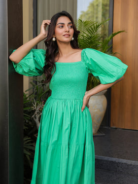 Vibrant Green Smocked Midi Dress