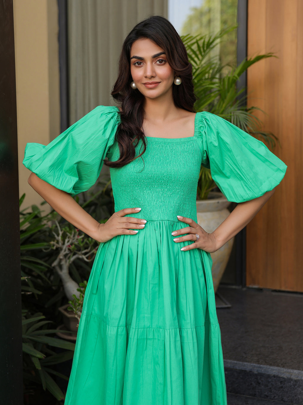 Vibrant Green Smocked Midi Dress