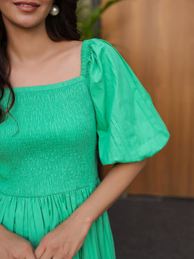 Vibrant Green Smocked Midi Dress