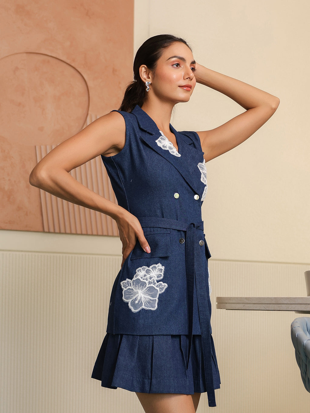 Embroidered Denim Blazer with Belt