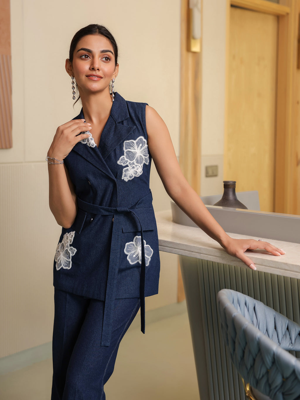 Embroidered Denim Blazer & Trousers Set