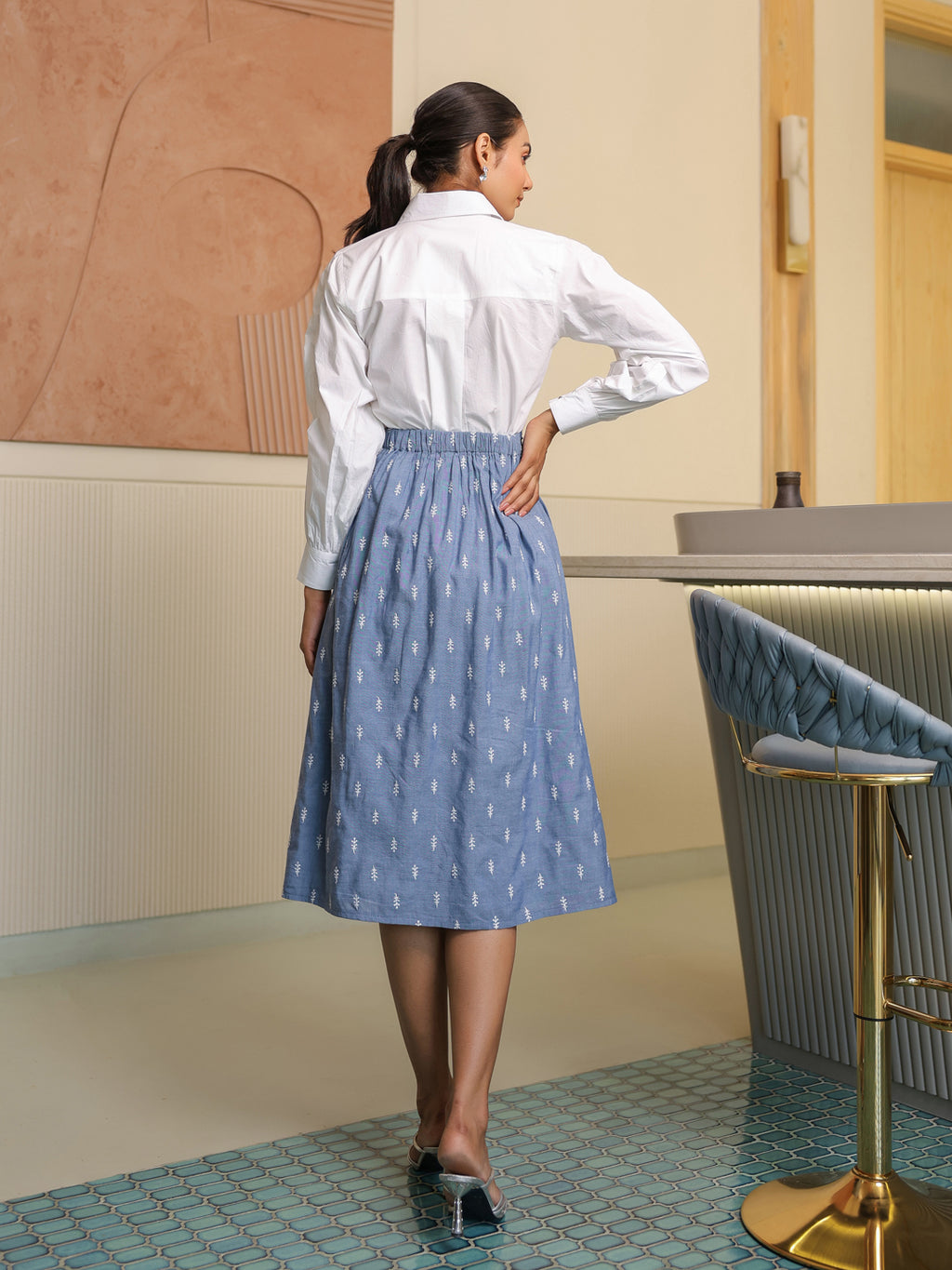 Pearl White Shirt & Embroidered Denim Skirt Set