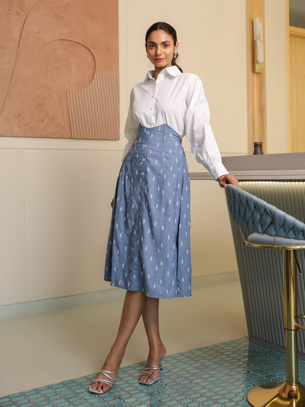 Pearl White Shirt & Embroidered Denim Skirt Set