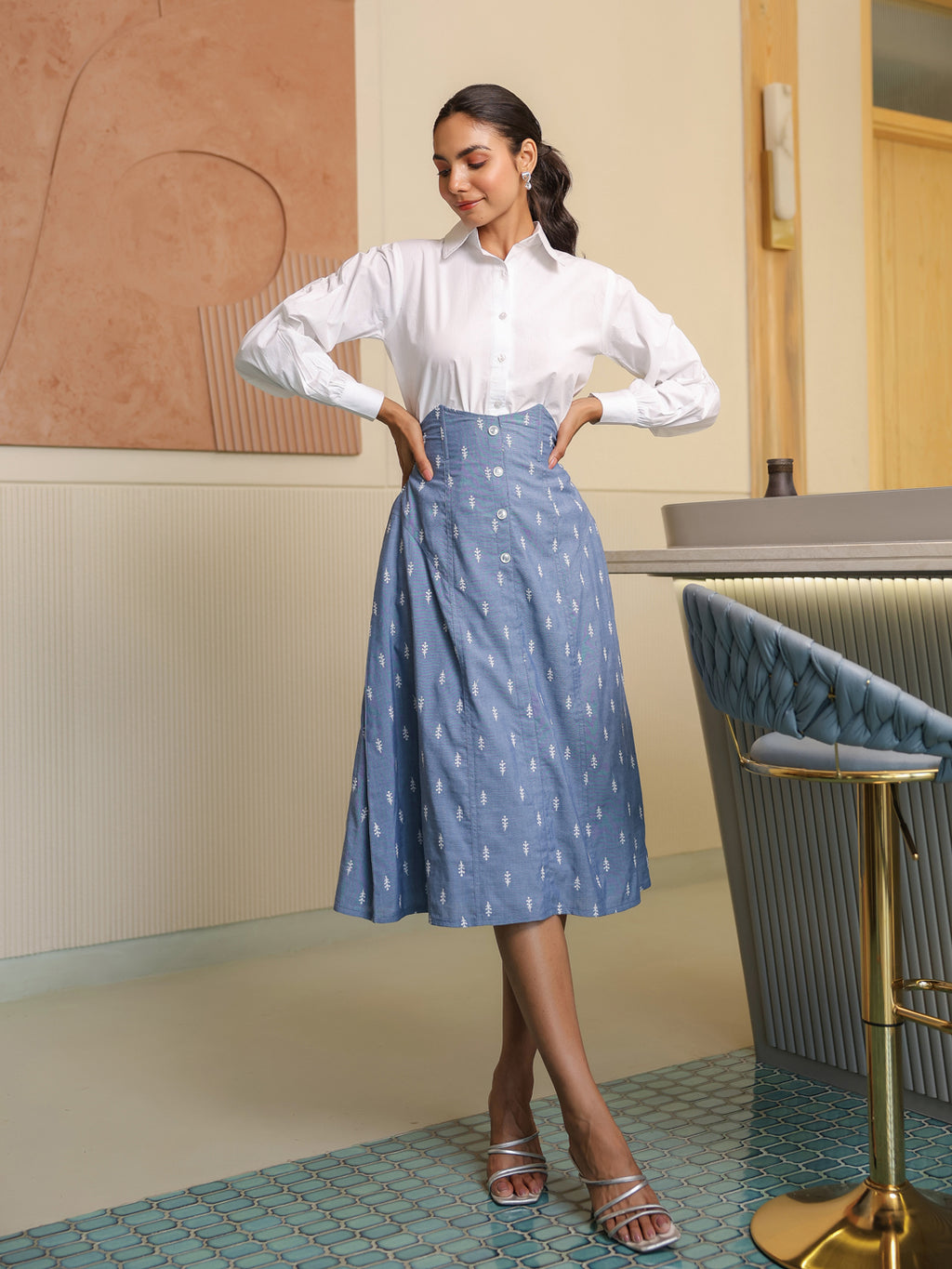 Pearl White Shirt & Embroidered Denim Skirt Set