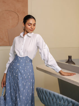 Pearl White Shirt & Embroidered Denim Skirt Set