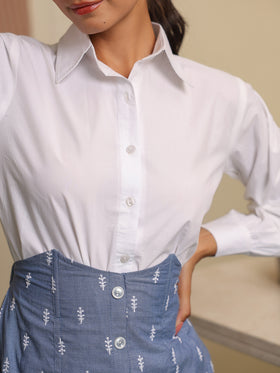 Pearl White Shirt & Embroidered Denim Skirt Set
