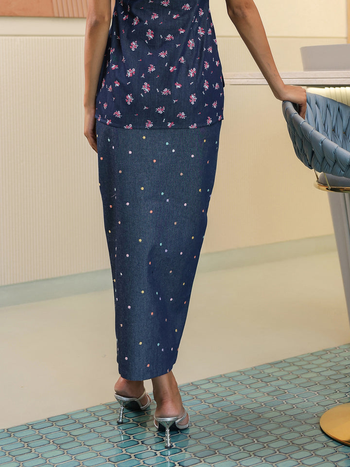 Floral Polka Denim Skirt