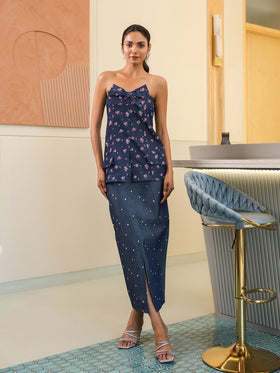 Floral Polka Denim Top & Skirt Set
