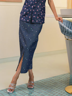 Floral Polka Denim Skirt