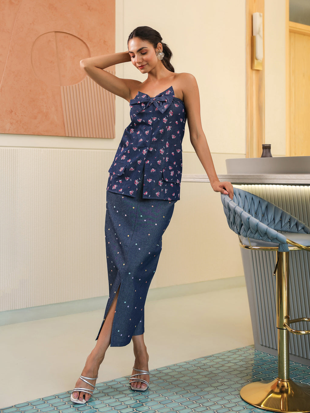 Floral Polka Denim Top & Skirt Set