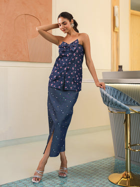 Floral Polka Denim Top & Skirt Set